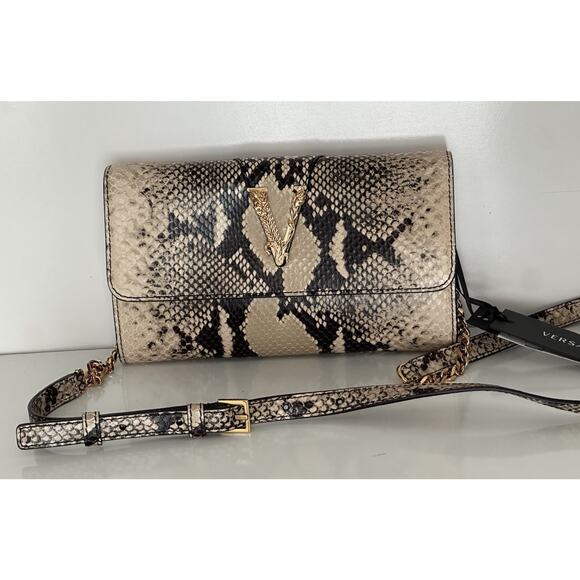 Versace Virtus Leather Brown Wallet on Chain Shoulder Bag 1006364 IT NWT $1275 - Picture 2 of 15